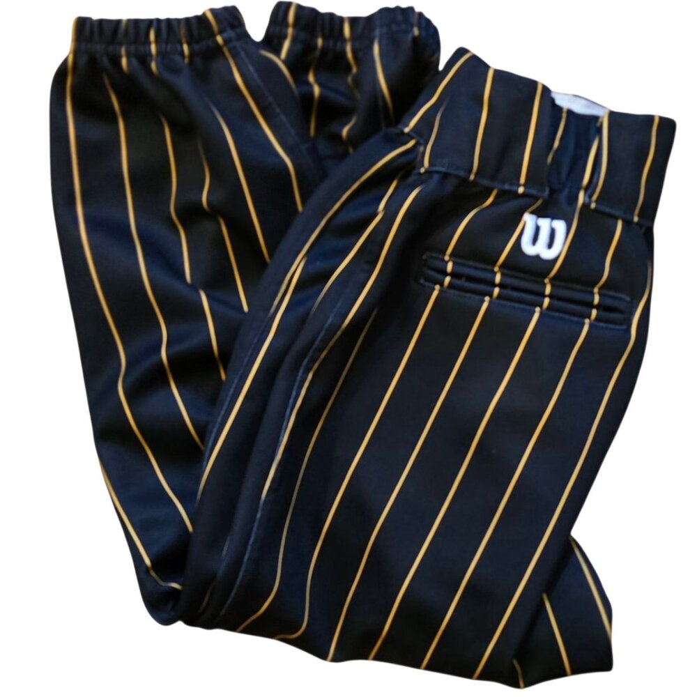 Wilson Softball Pants Black w/ Yellow Pinstripes Adult Sm Grip Waist Belted NWOT